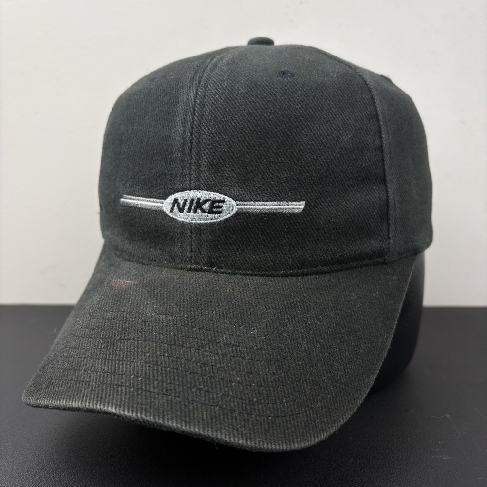 Vintage 90s Nike Strapback Hat Faded Black Oval Line Spellout Logo Dad Cap OSFM